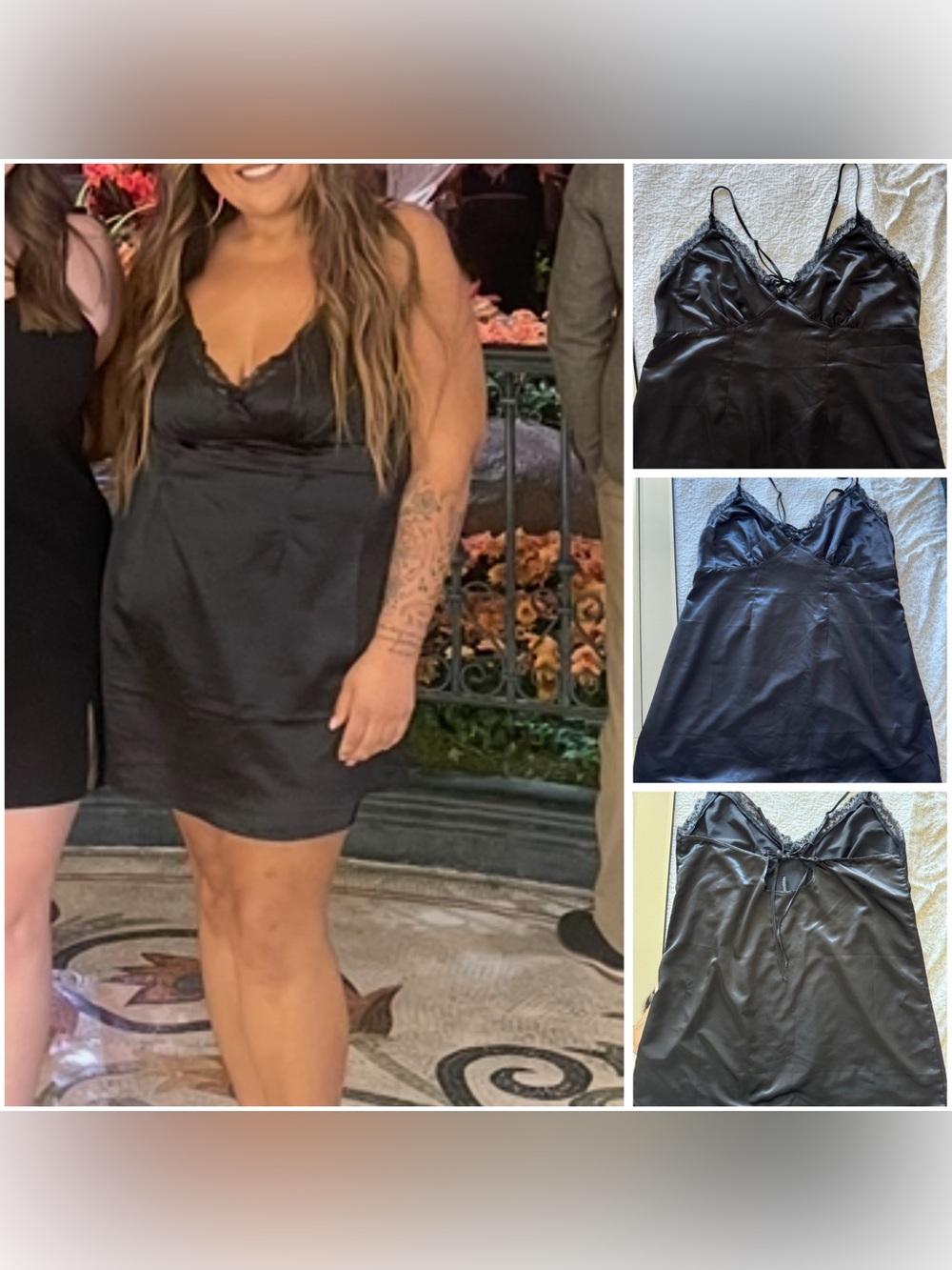 Black Satin Lace Slip Dress - Women's